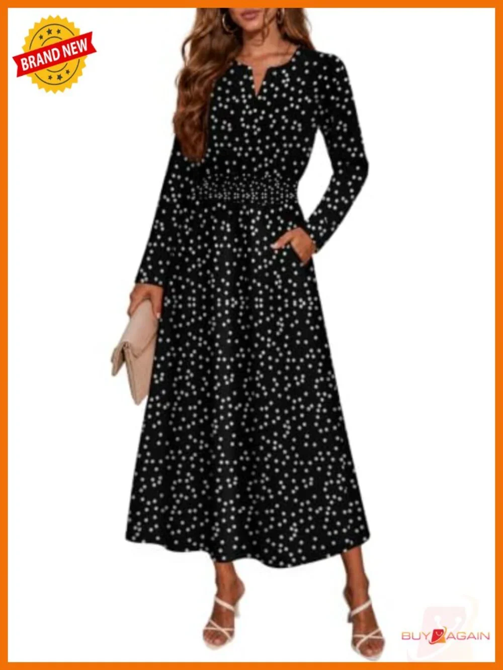 Womens Boho Floral Long Sleeve Maxi Dress with Pockets A-Line Smocked